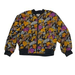 VTG Carol Horn 100% Silk Bomber Jacket Fall Leaf Print Full Zip‎ Lightweight L